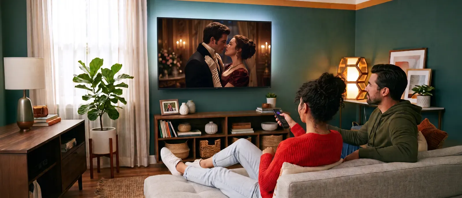 A man and woman relaxing on a couch while watching a period drama movie on a wall-mounted TV.